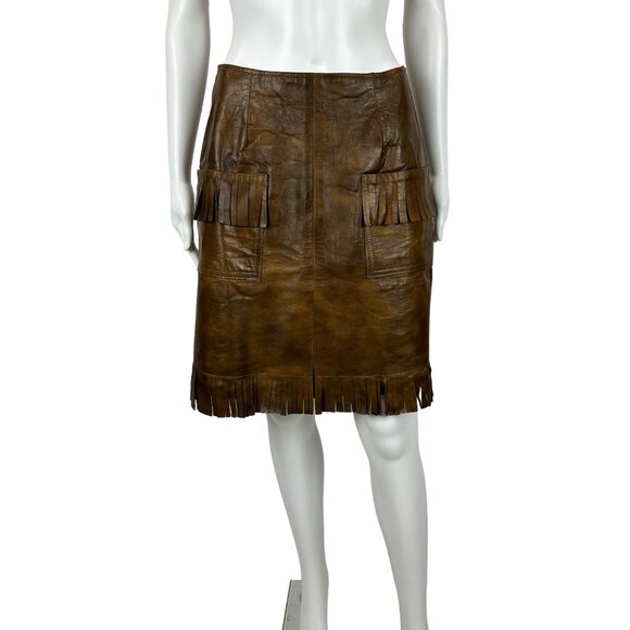 Vintage Dresses & Skirts - Vintage 60s Faux Leather Skirt Women's Small Brown Fringe Mini Cowgirl Western